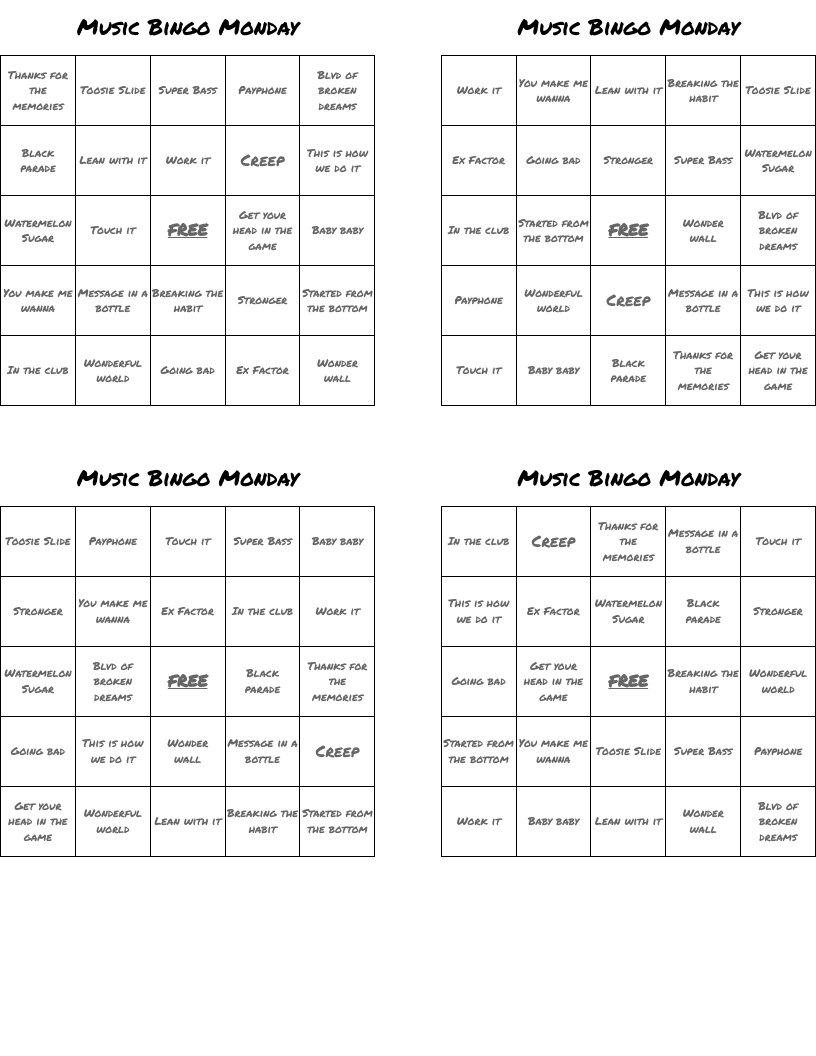Music Bingo Monday 
