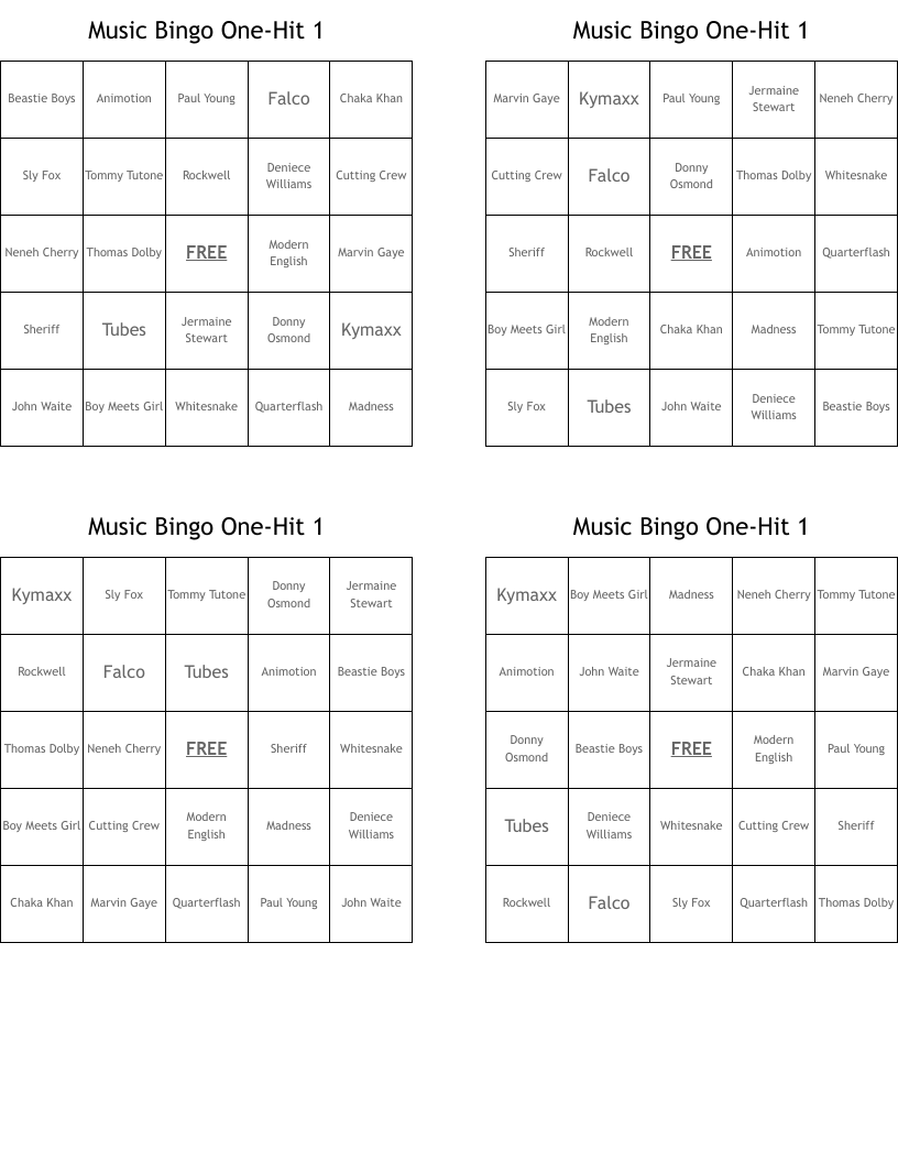 Music Bingo One-Hit 1