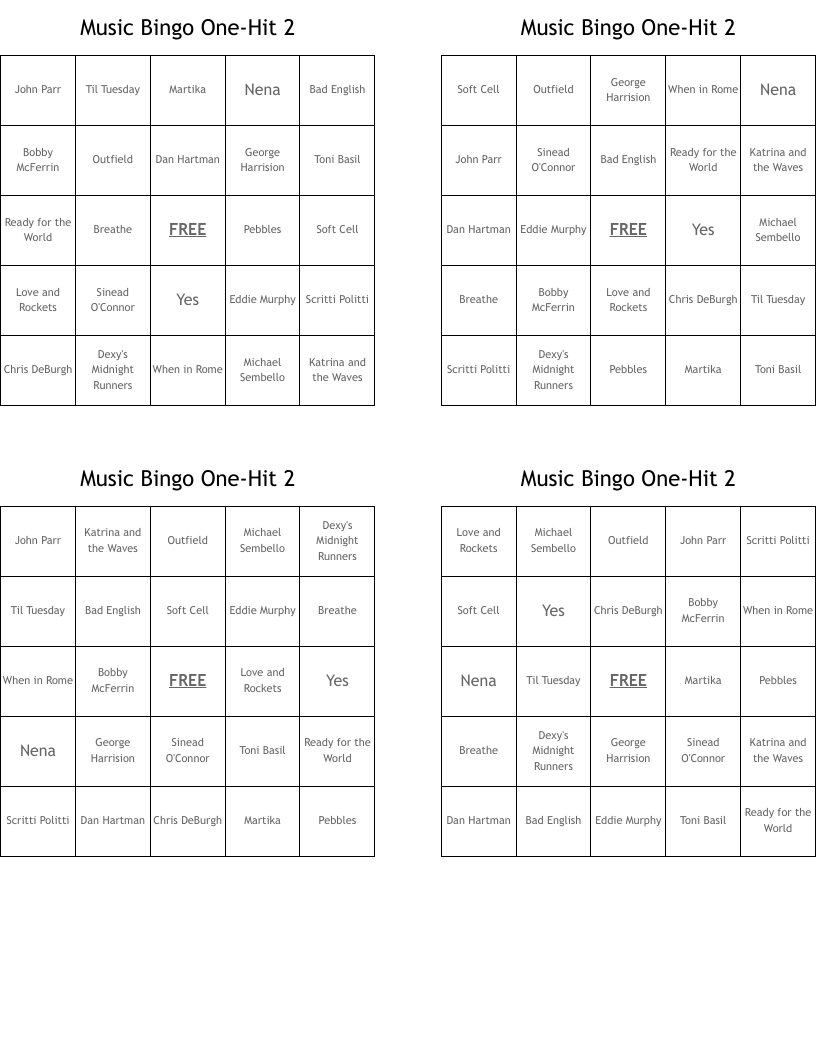 Music Bingo One-Hit 2