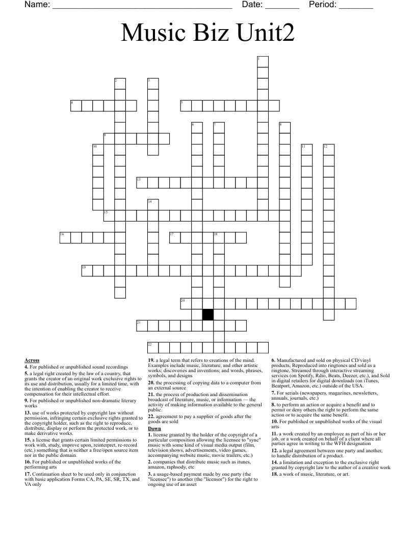 Music Biz Unit2 Crossword
