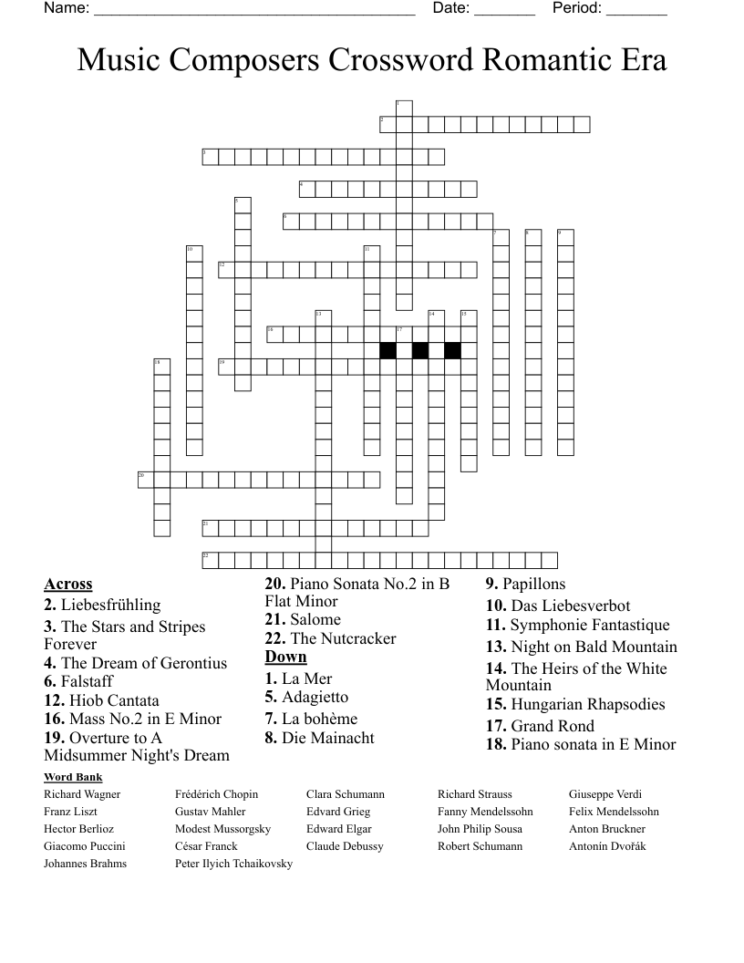 Music Composers Crossword Romantic Era