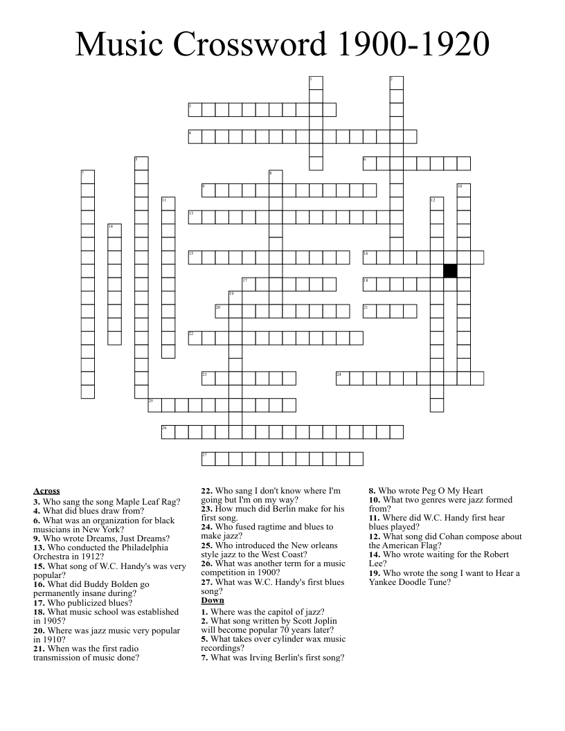 Music Crossword 1900-1920