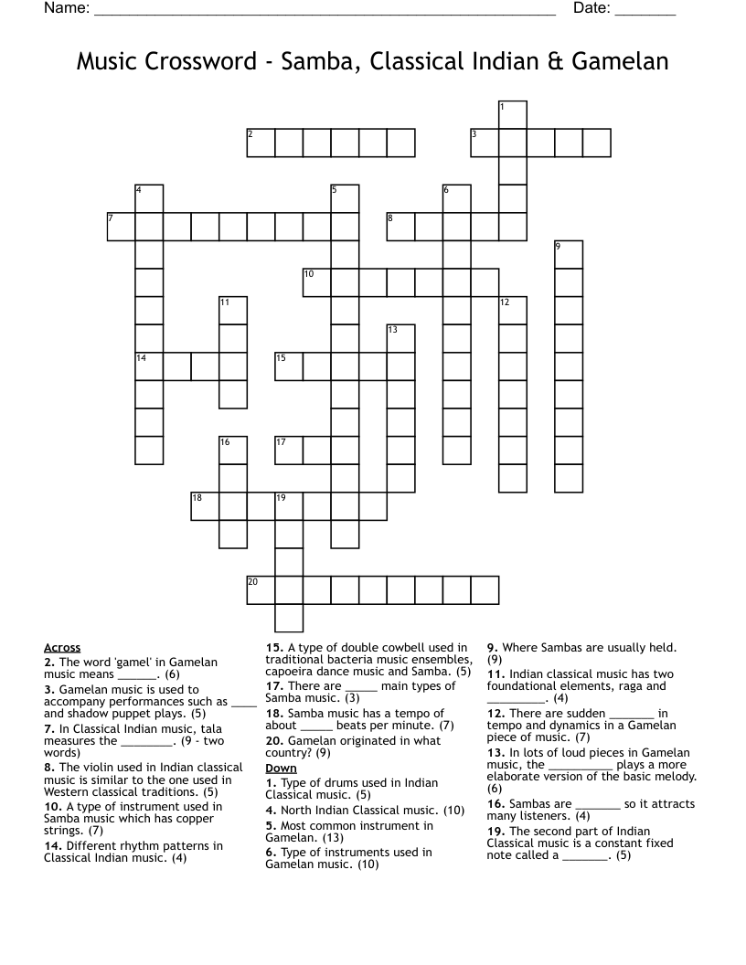 Music Crossword - Samba, Classical Indian & Gamelan