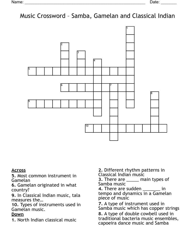 Music Crossword – Samba, Gamelan and Classical Indian