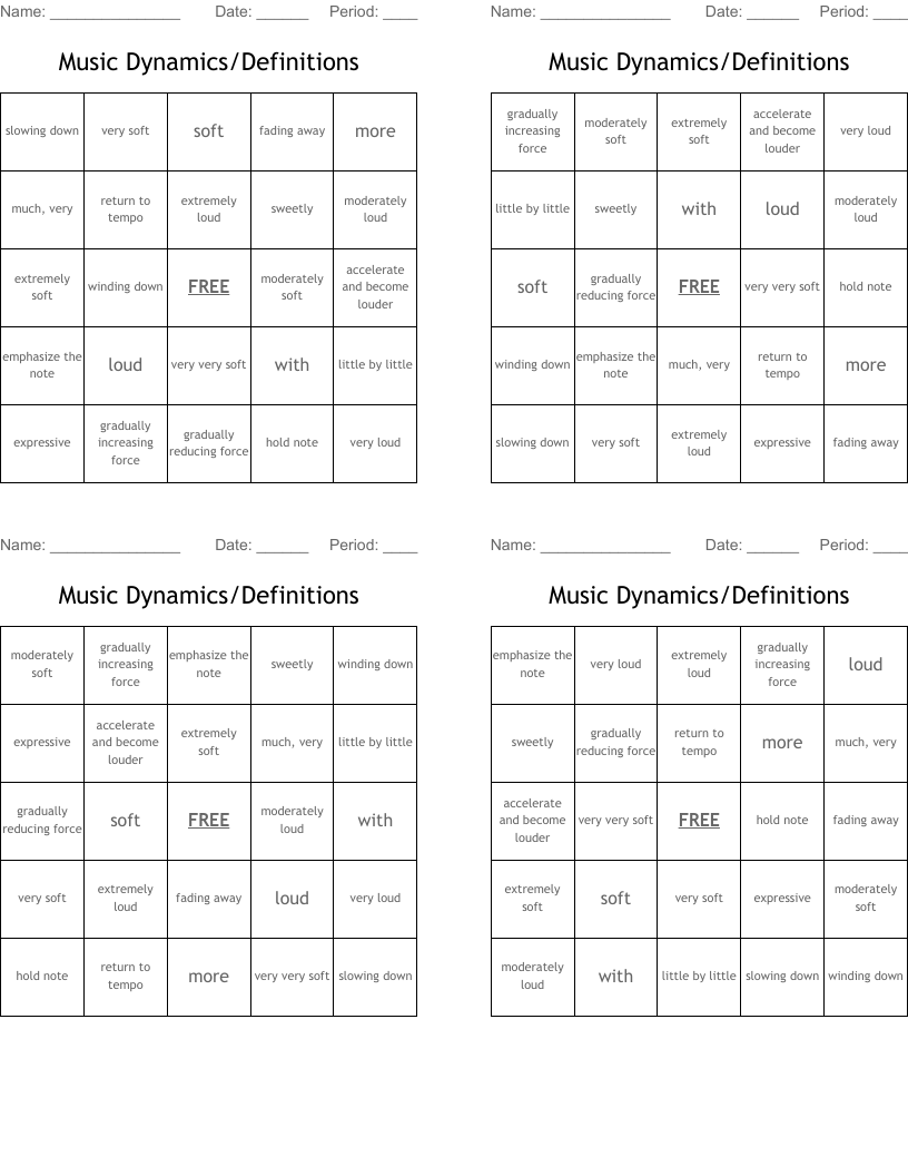 Music Dynamics/Definitions  Bingo Cards