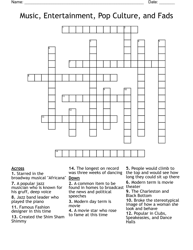 Music, Entertainment, Pop Culture, and Fads Crossword