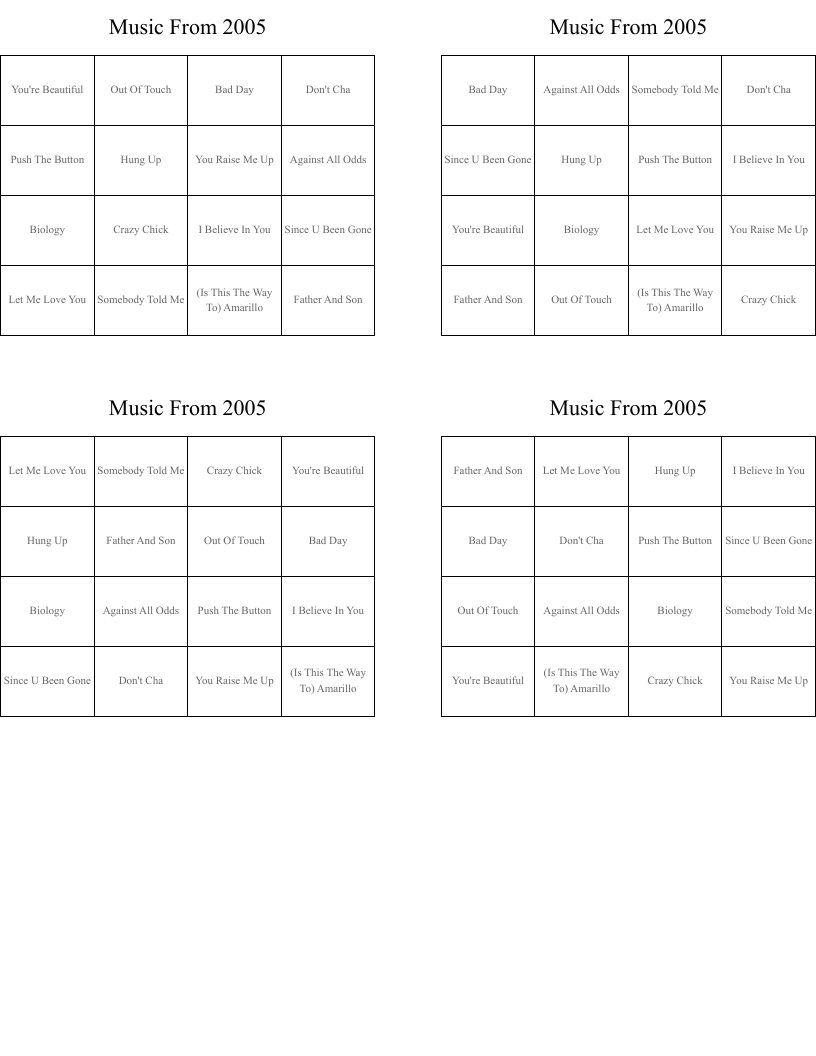 Music From 2005 Bingo Cards