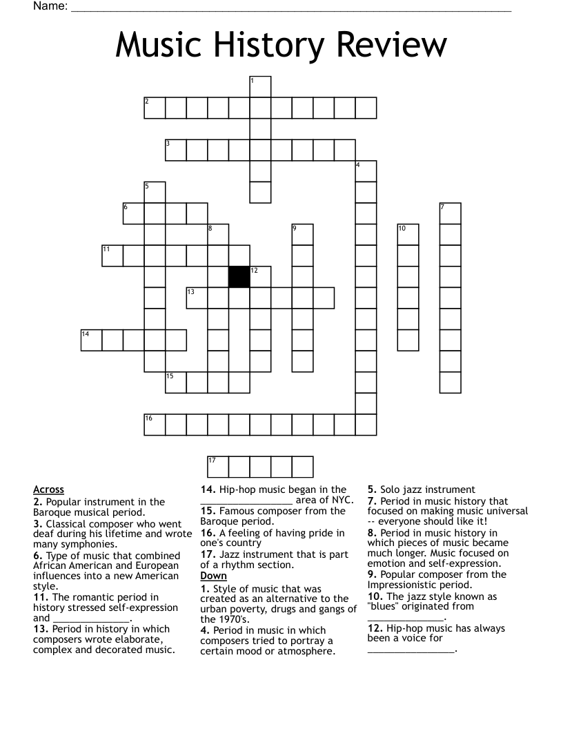 Music History Review Crossword