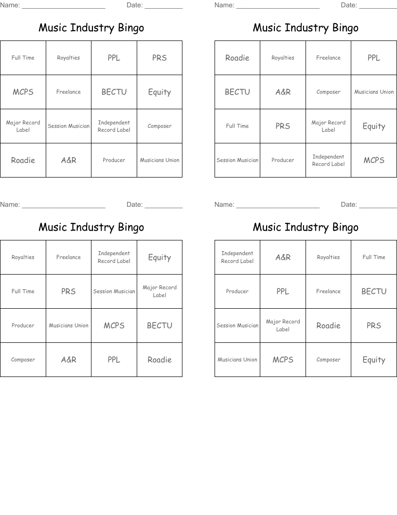 Music Industry Bingo