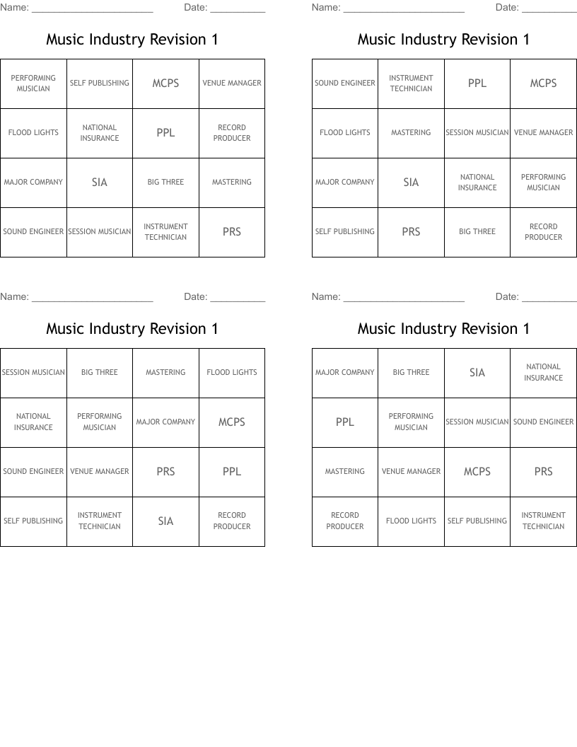 Music Industry Revision 1 Bingo Cards