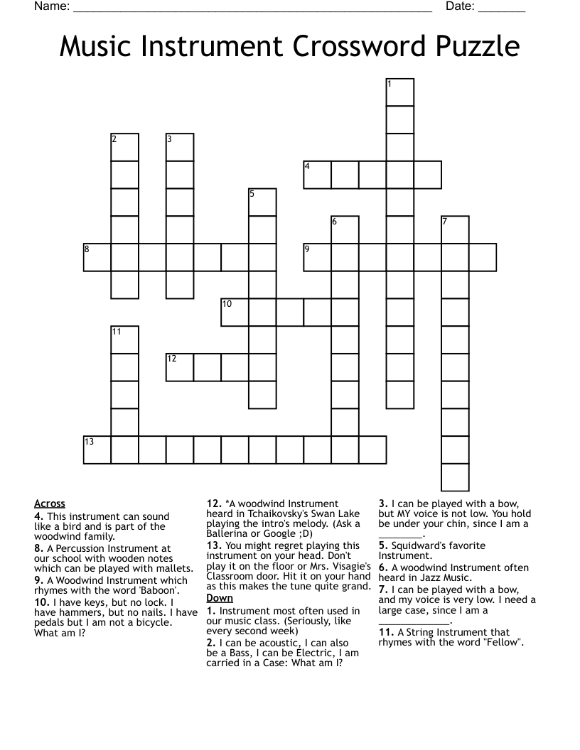 Music Instrument Crossword Puzzle