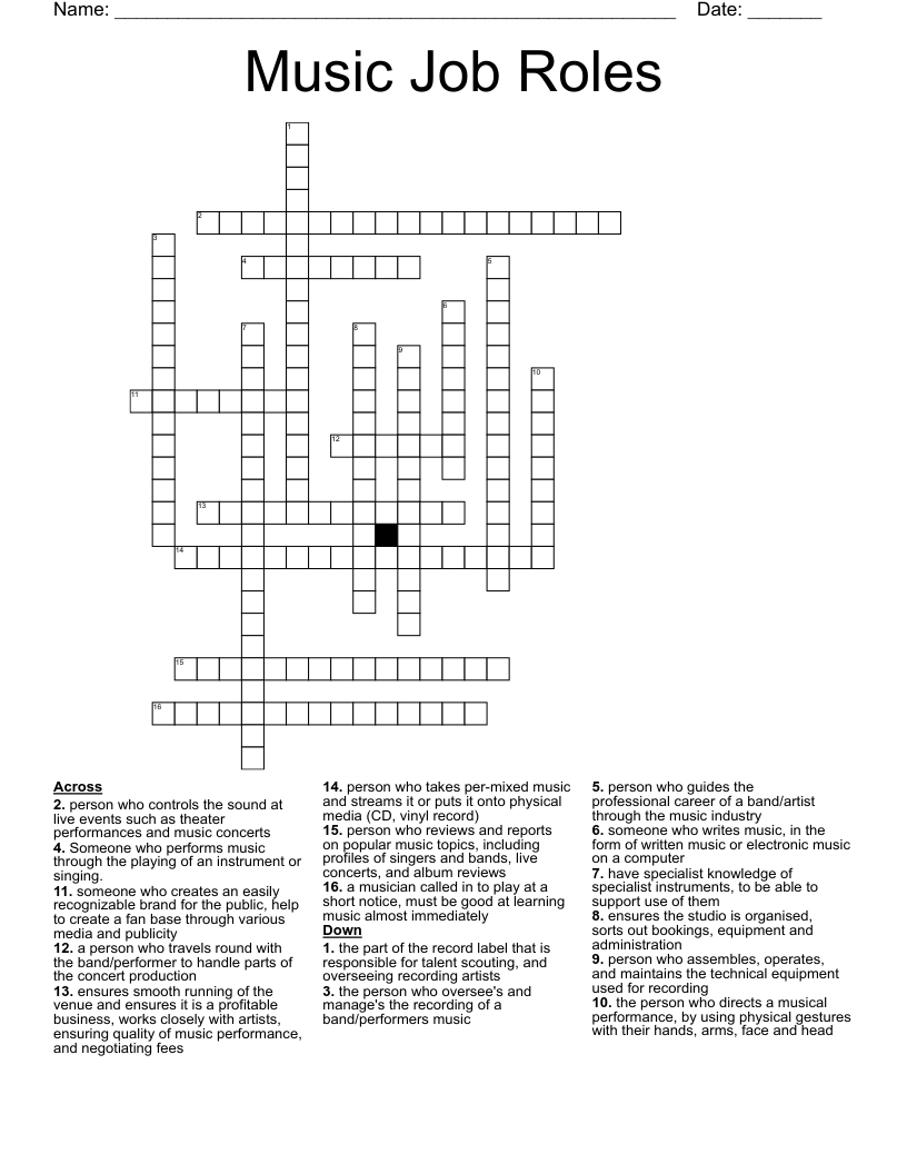 Music Job Roles Crossword