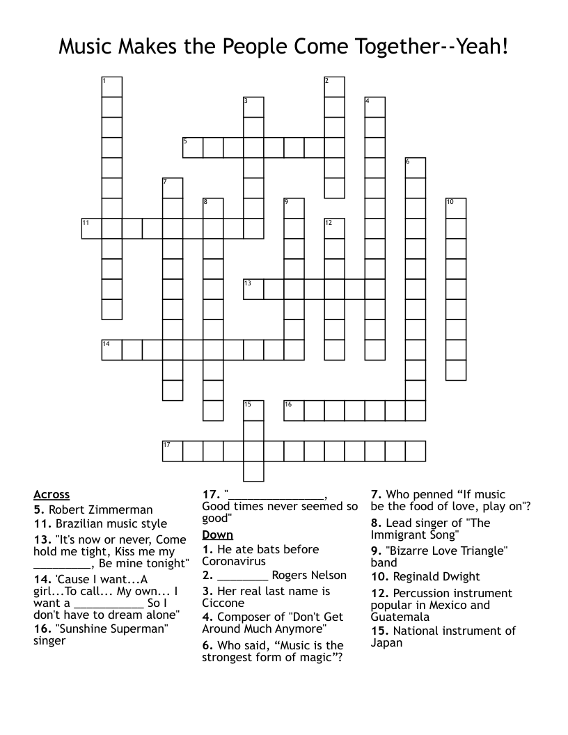 Music Makes the People Come Together--Yeah! Crossword