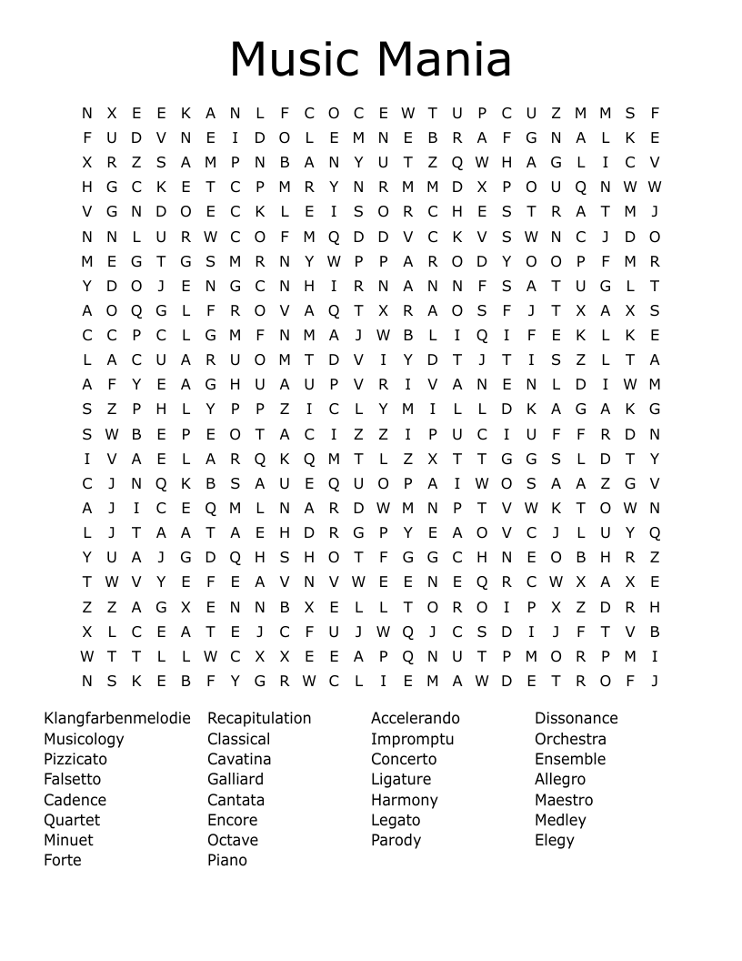 Music Mania  Word Search