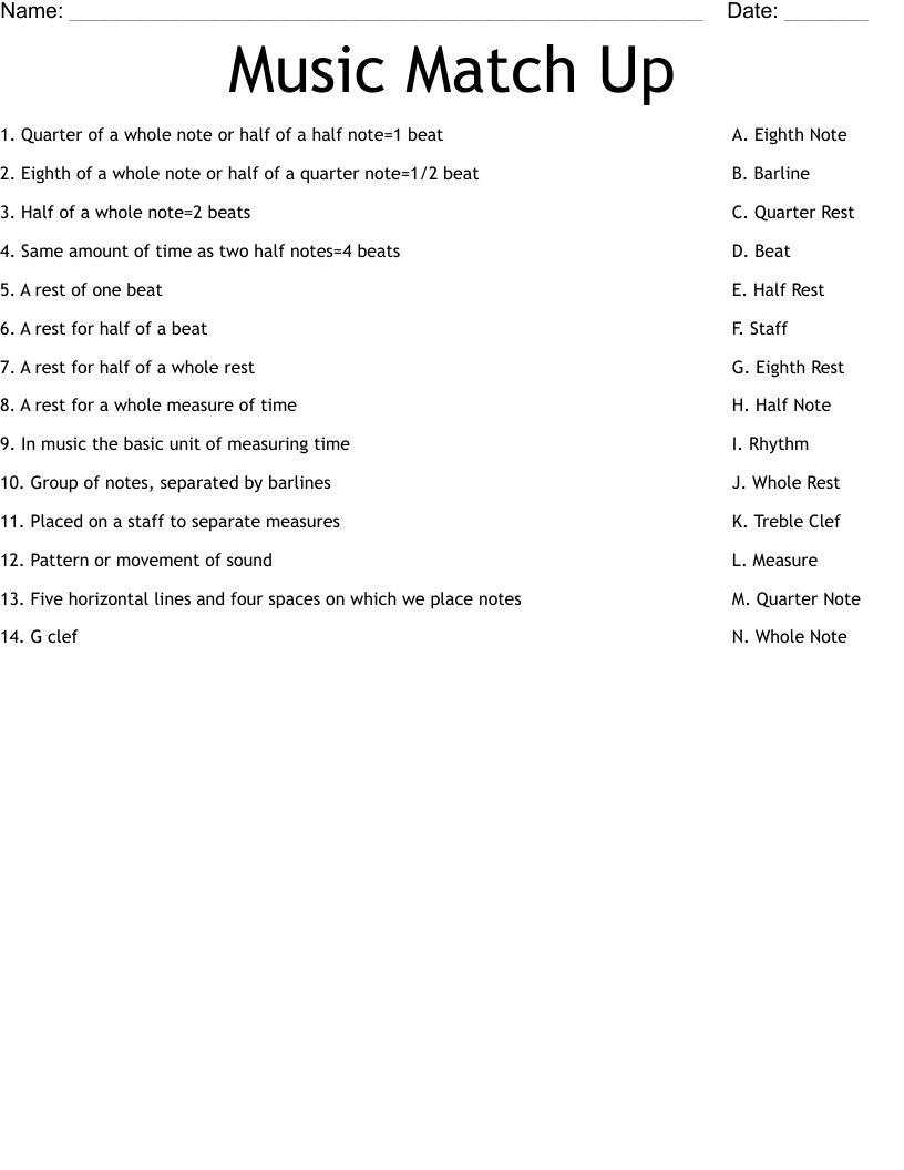 Music Match Up Worksheet