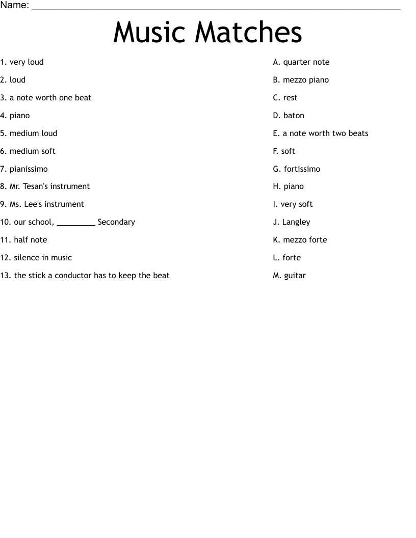Music Matches Worksheet
