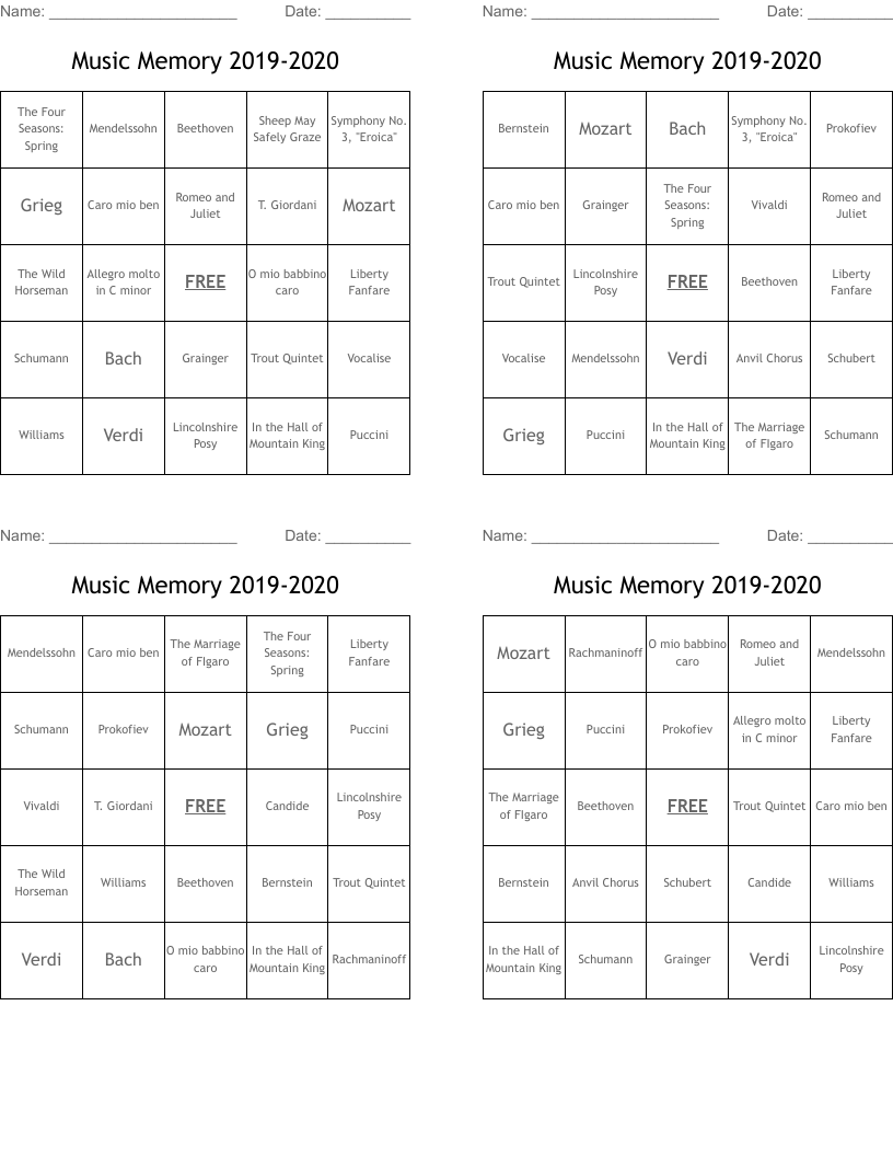Music Memory 2019-2020 Bingo Cards