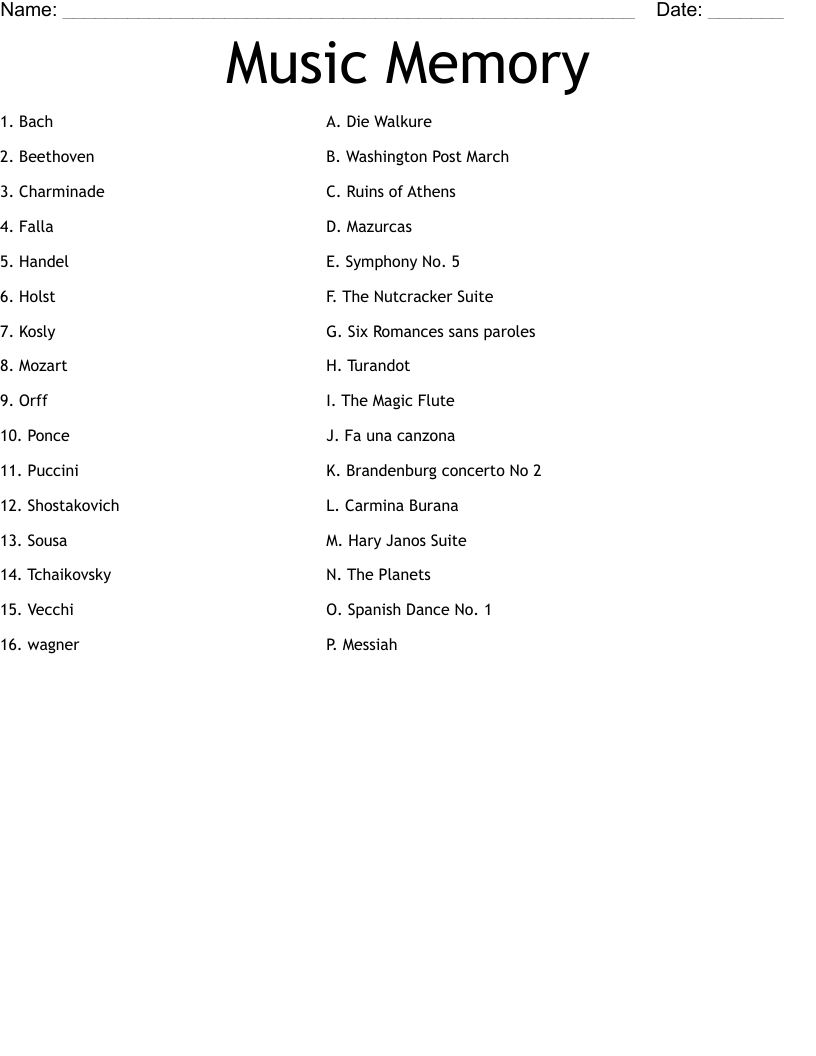 Music Memory Worksheet