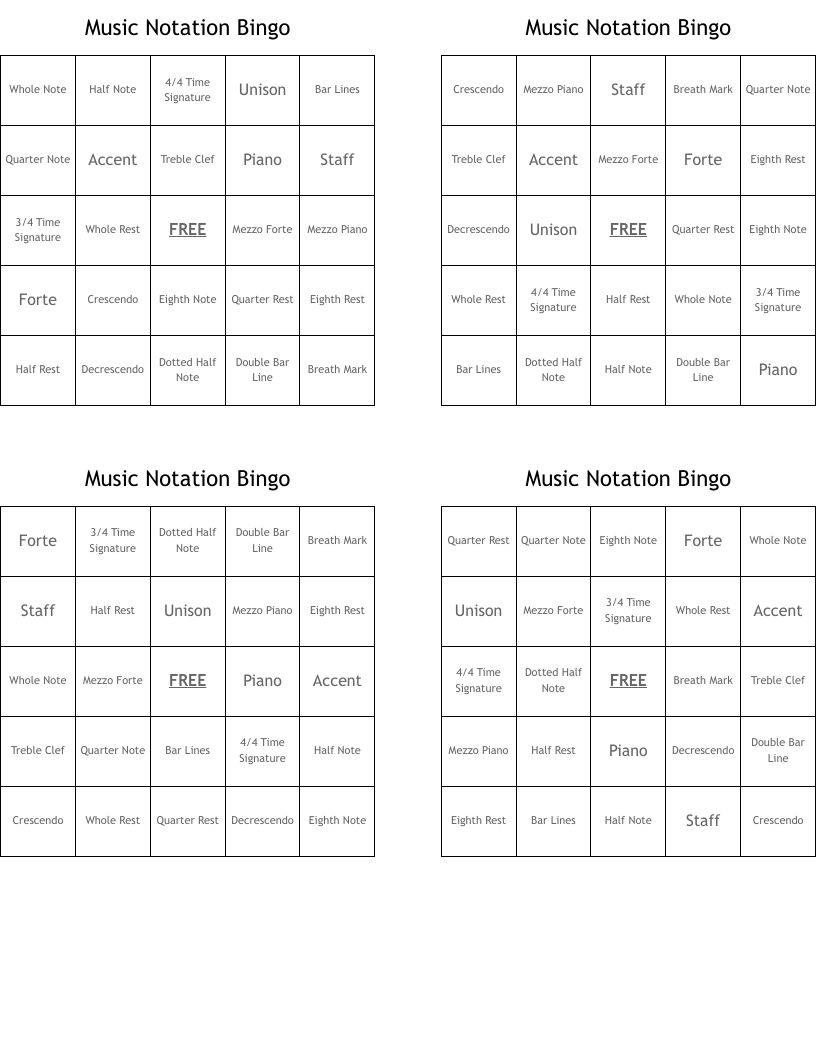 Music Notation Bingo