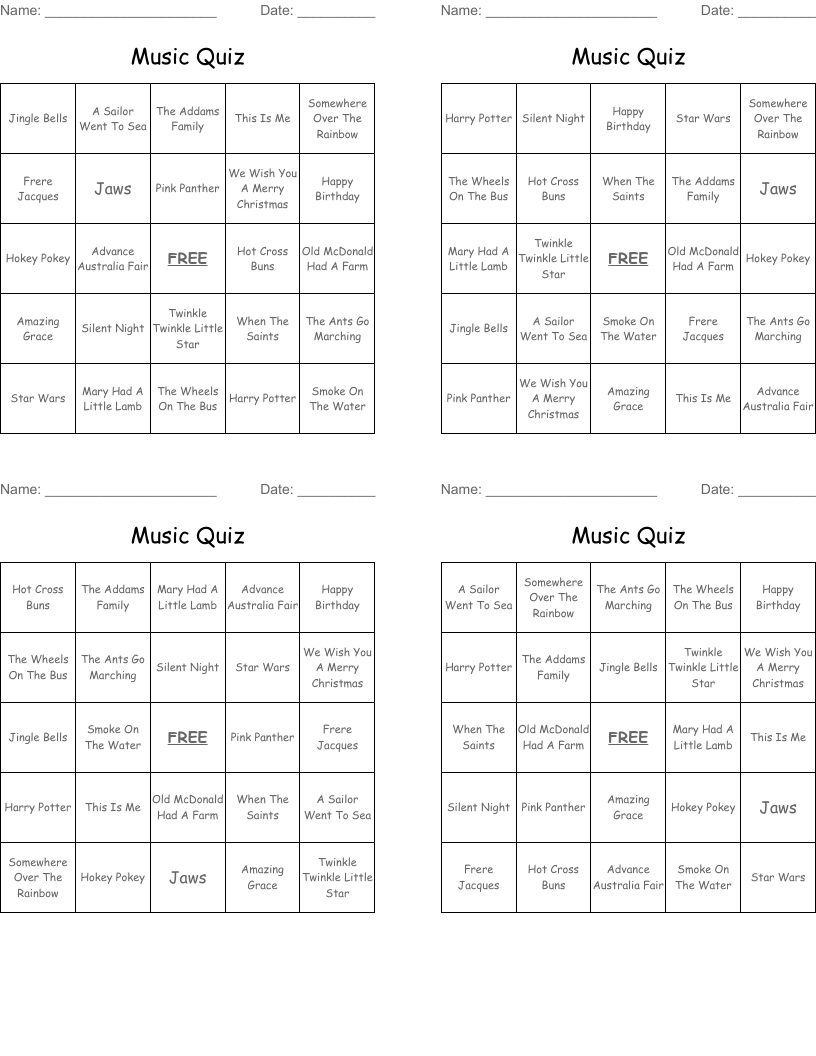Music Quiz Bingo Cards