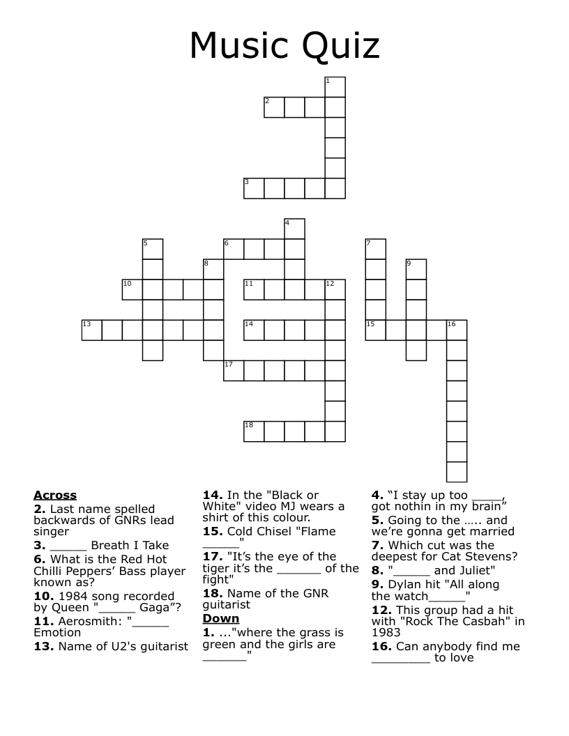Music Quiz Crossword