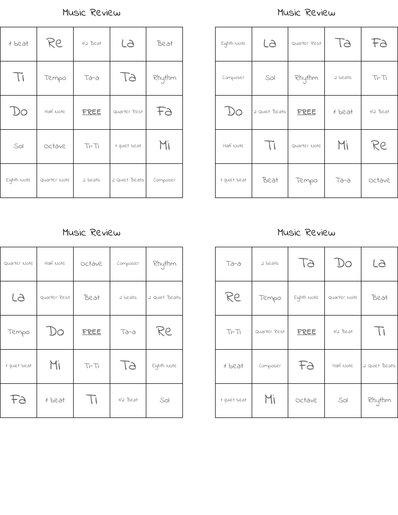 Music Review Bingo Cards