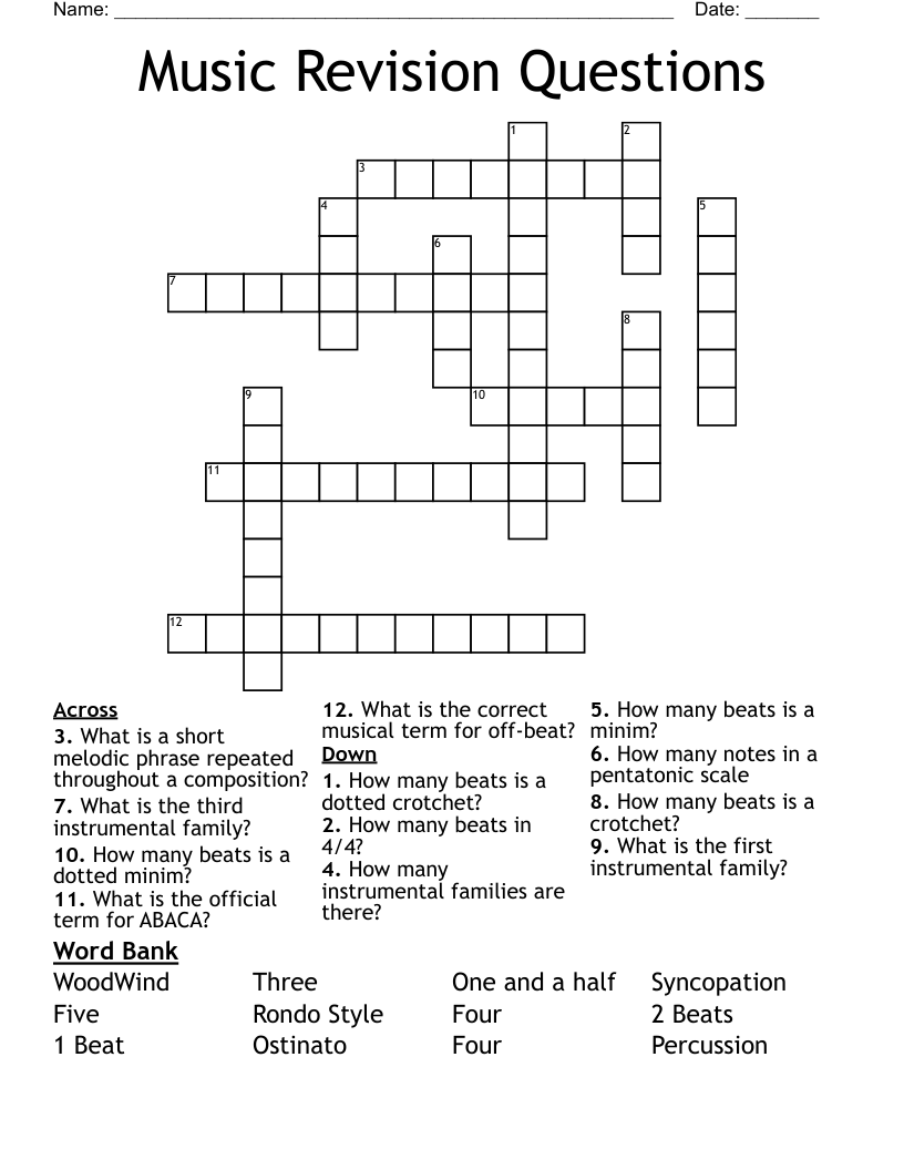 Music Revision Questions Crossword