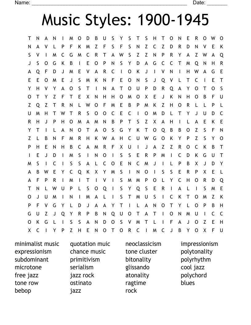 Music Styles: 1900-1945 Word Search