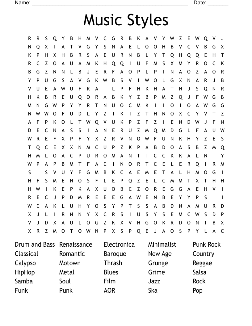 Music Styles Word Search