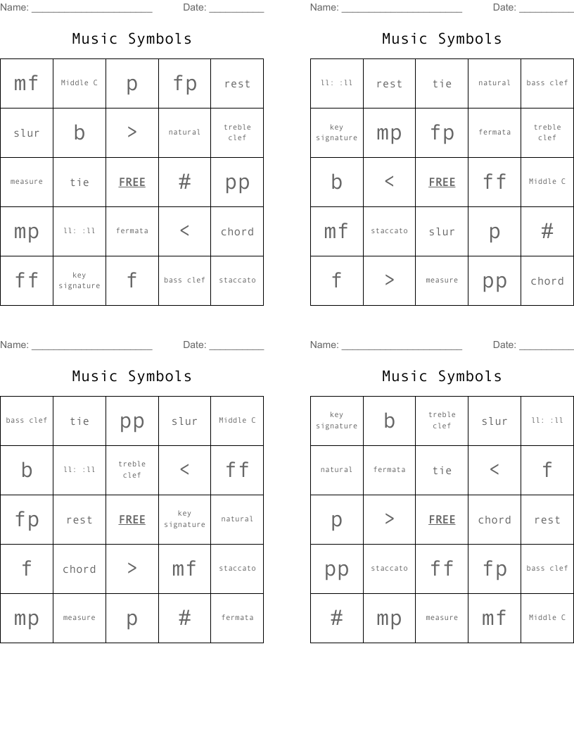 Music Symbols Bingo Cards