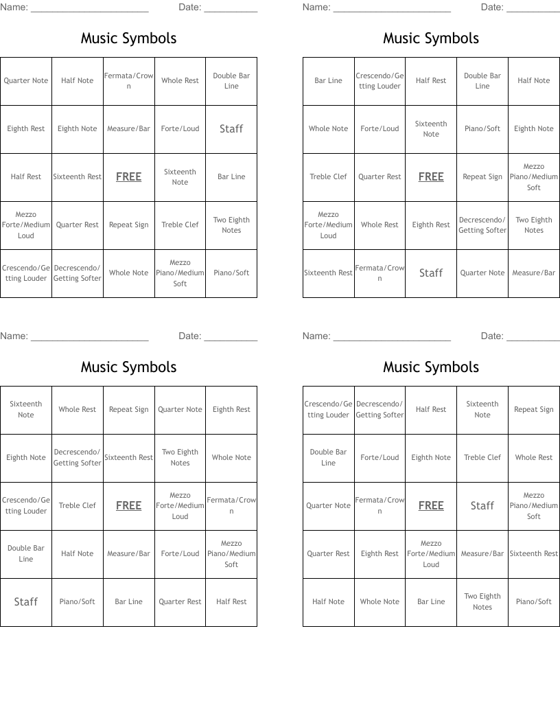 Music Symbols Bingo Cards