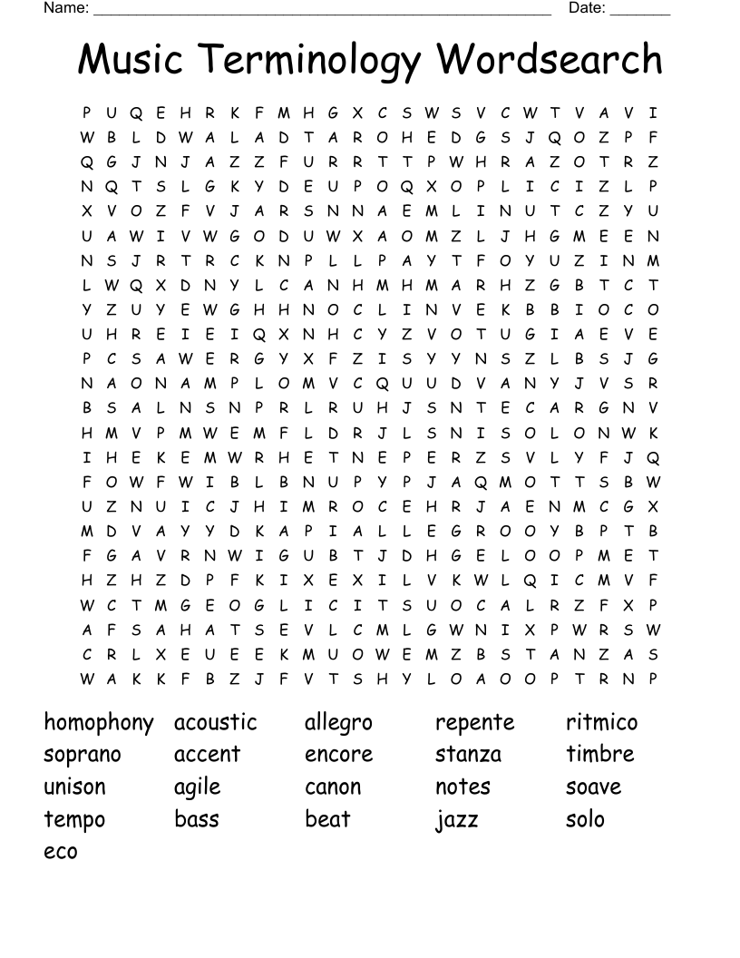 Music Terminology Wordsearch