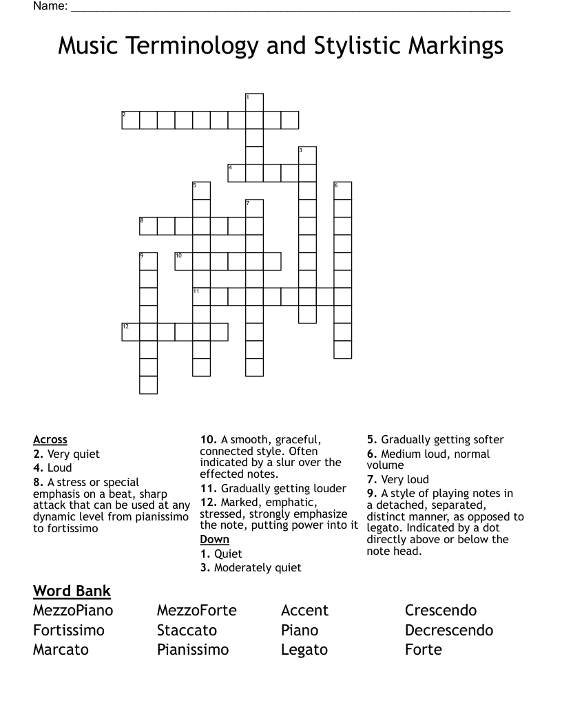 Music Terminology and Stylistic Markings Crossword