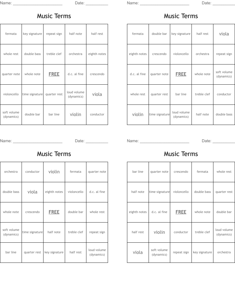 Music Terms Bingo Cards