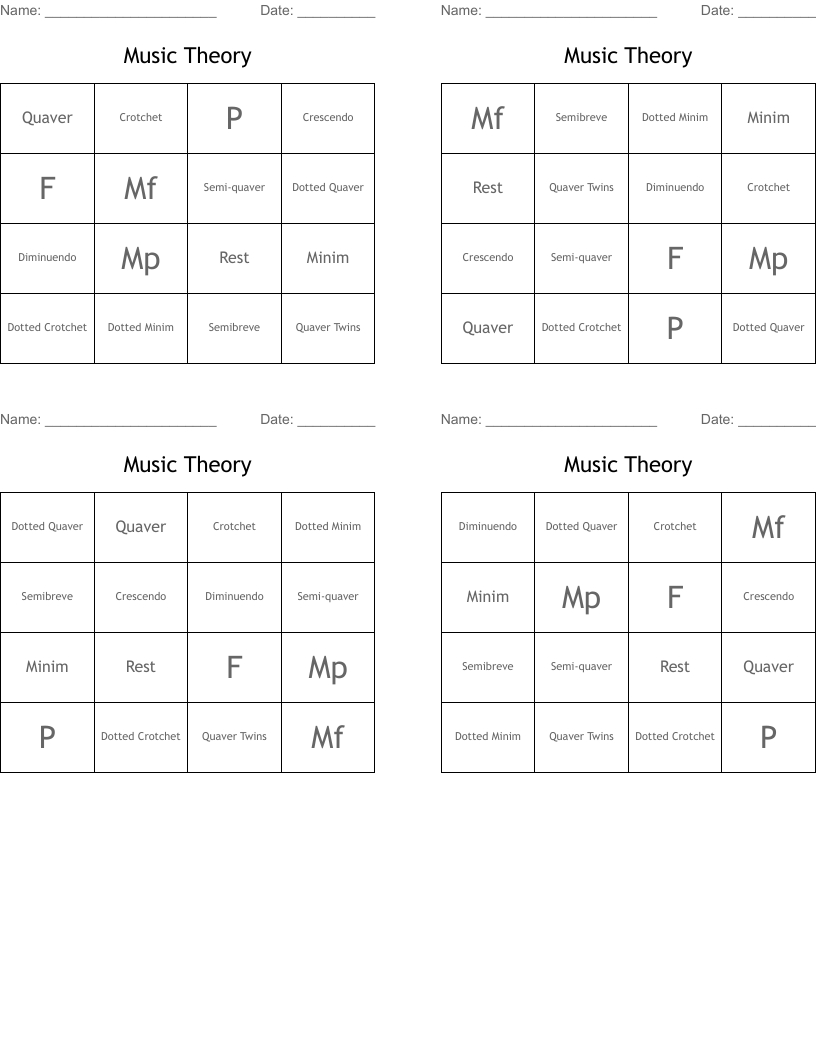 Music Theory Bingo Cards