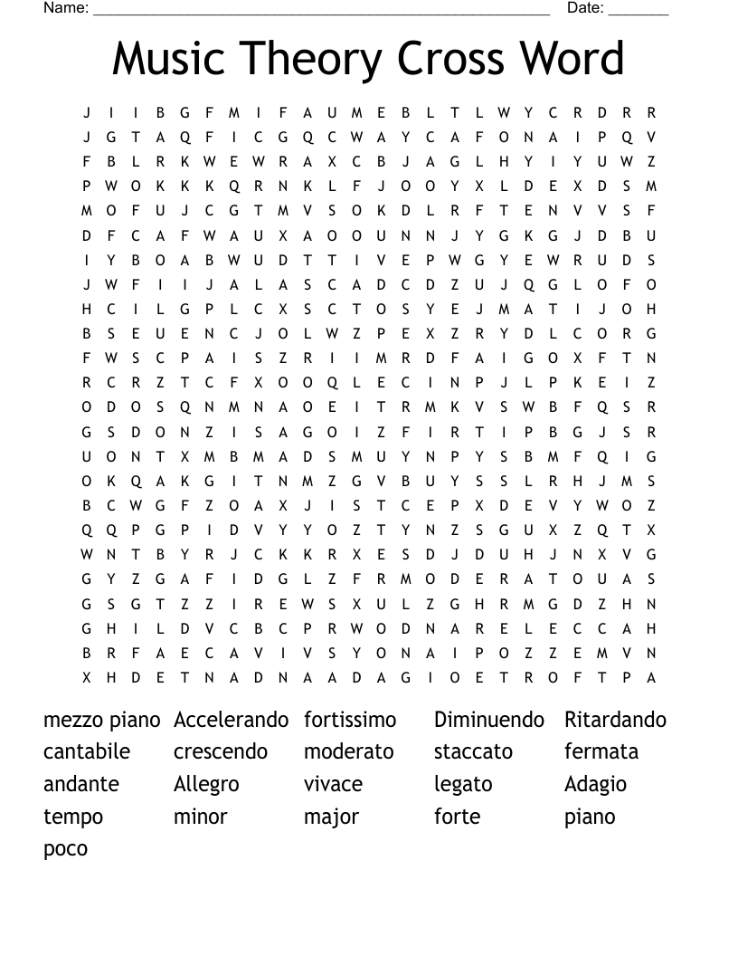 Music Theory Cross Word Word Search