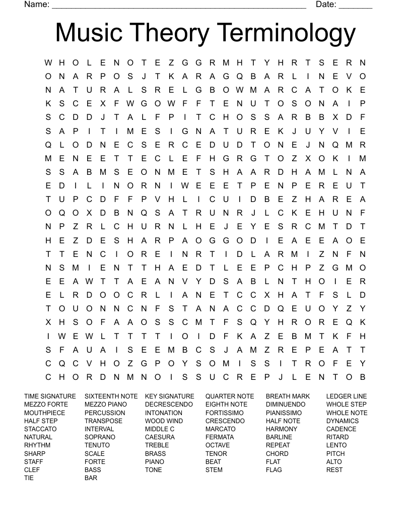 Music Theory Terminology Word Search
