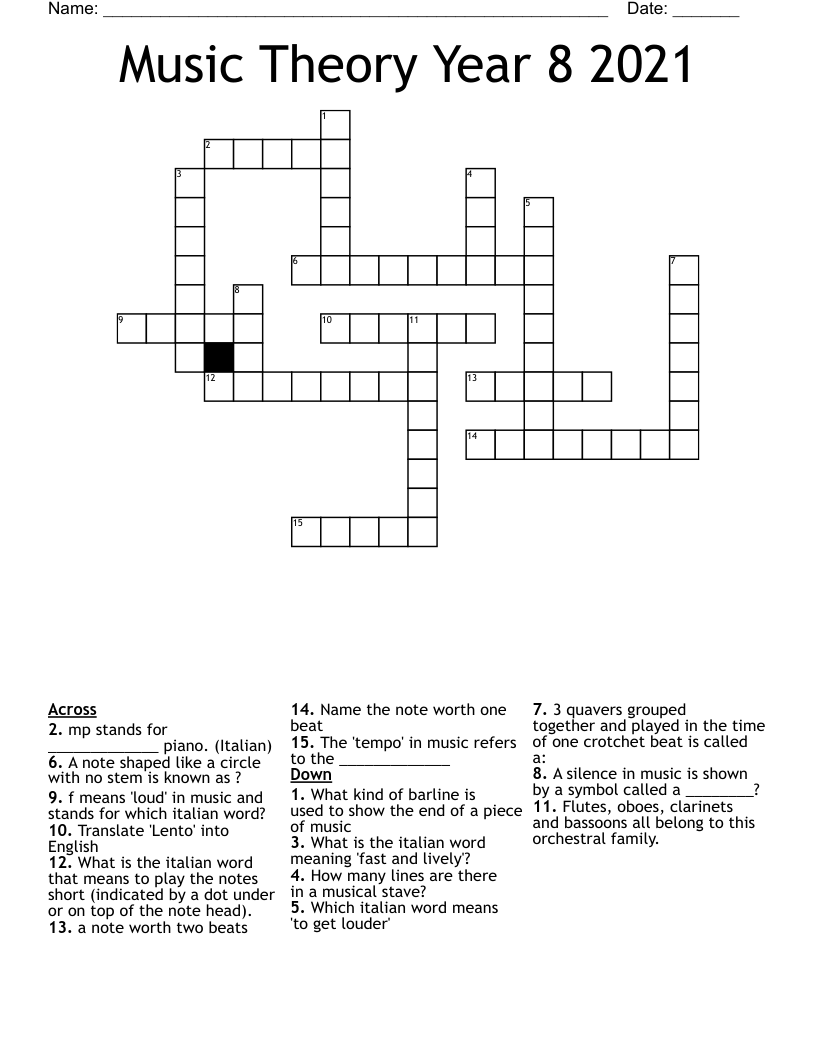 Music Theory Year 8 2021 Crossword