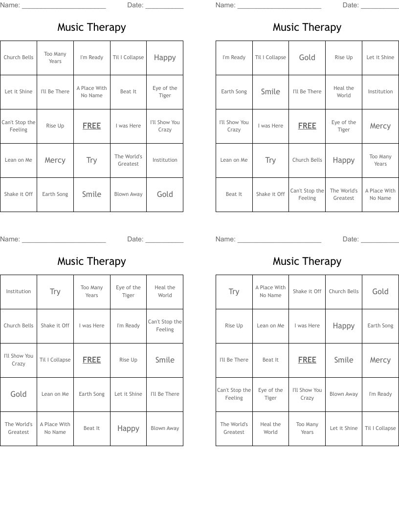 Music Therapy Bingo Cards