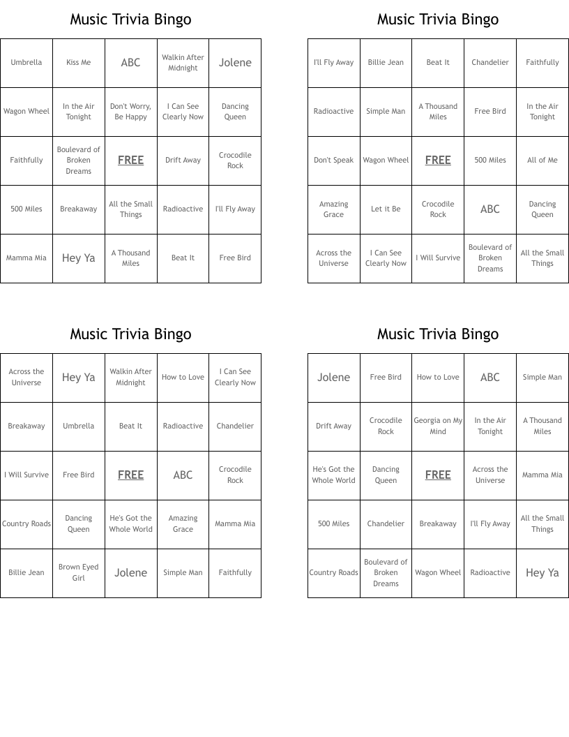 Music Trivia Bingo