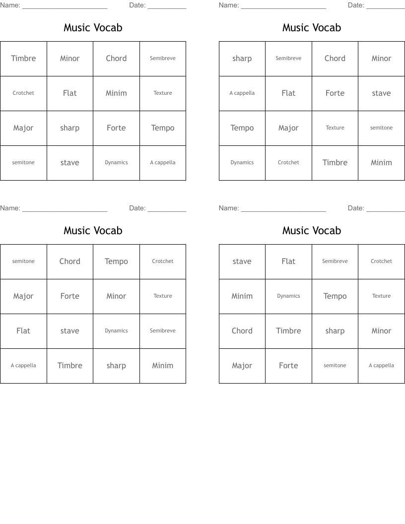 Music Vocab Bingo Cards