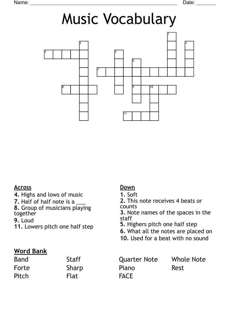 Music Vocabulary Crossword