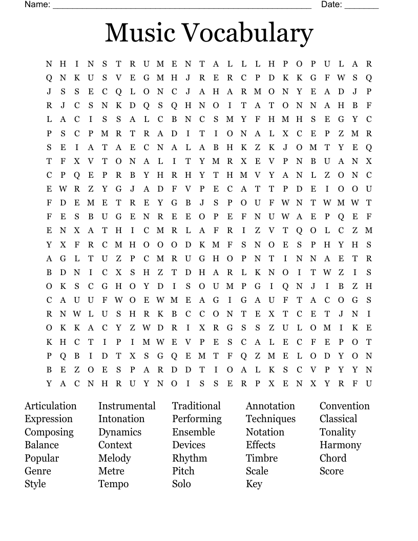 Music Vocabulary Word Search