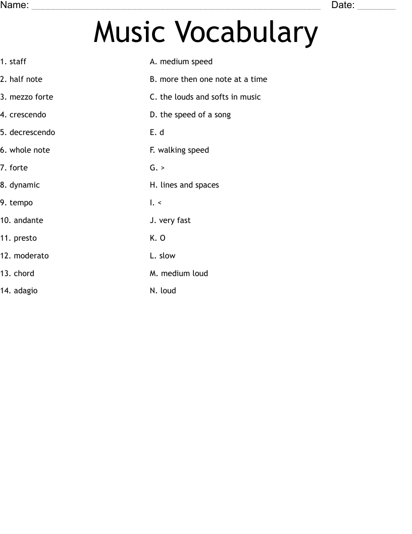 Music Vocabulary Worksheet