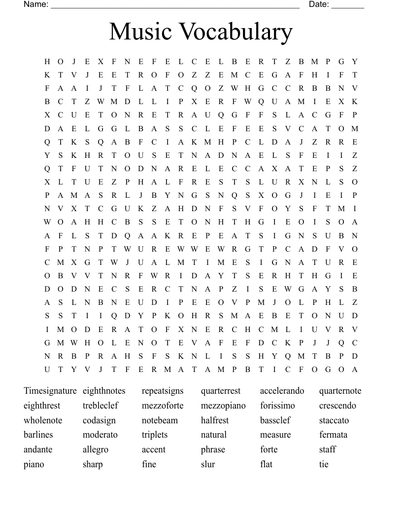 Music Vocabulary Word Search