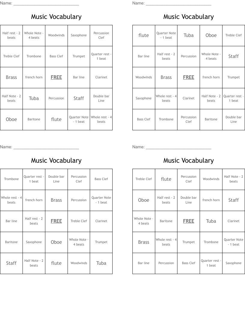 Music Vocabulary Bingo Cards