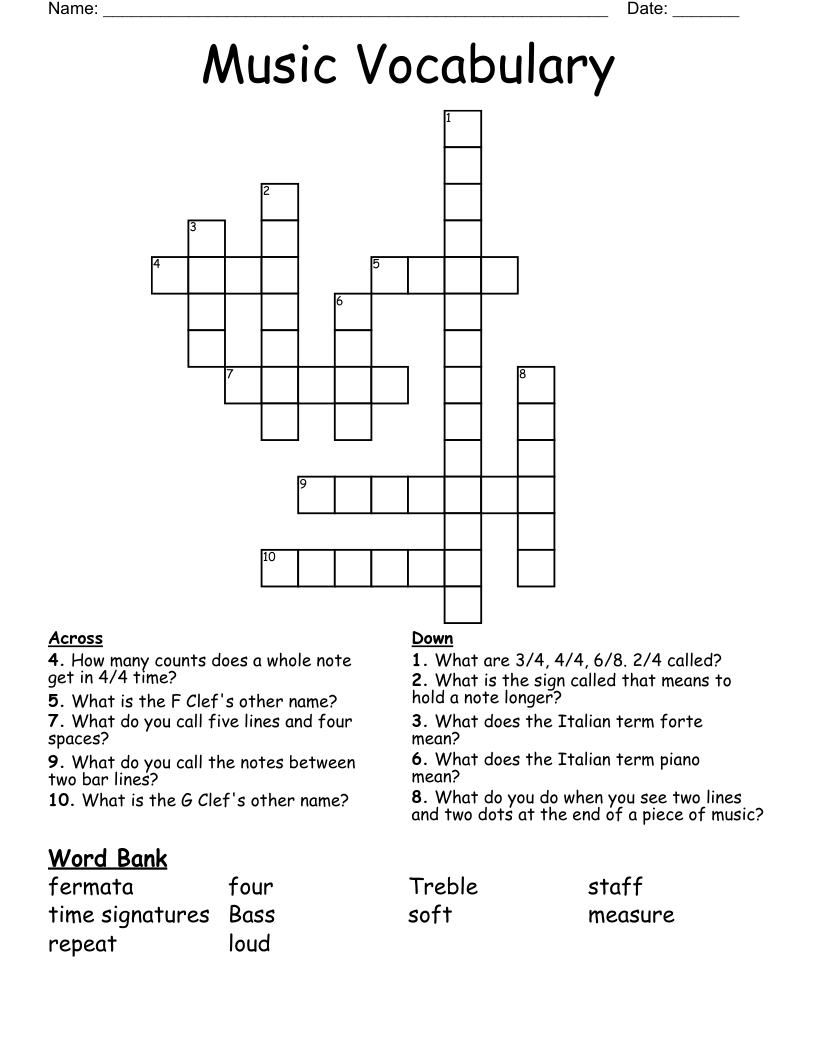 Music Vocabulary Crossword