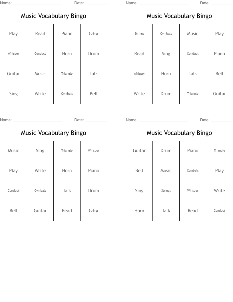 Music Vocabulary Bingo
