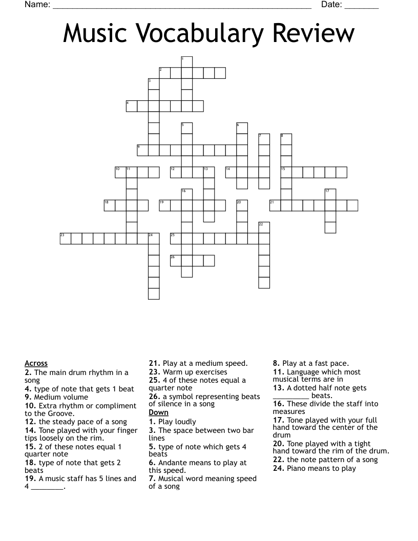 Music Vocabulary Review Crossword