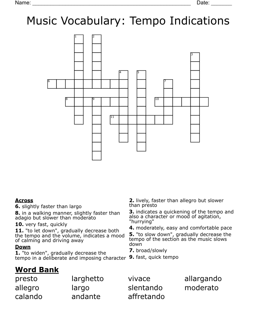 Music Vocabulary: Tempo Indications Crossword